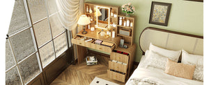 English Elm 47.4'' Fluted Makeup Vanity Desk with Led Mirror Charging Station and Five Drawers Natural N704P465888N