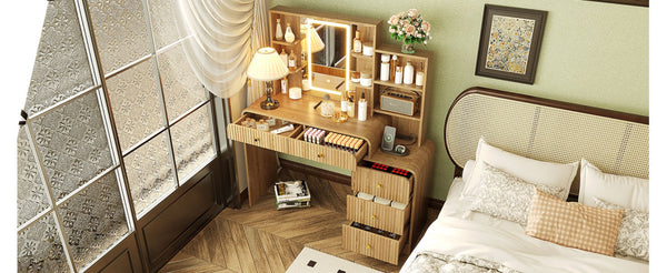 English Elm 47.4'' Fluted Makeup Vanity Desk with Led Mirror Charging Station and Five Drawers Natural N704P465888N