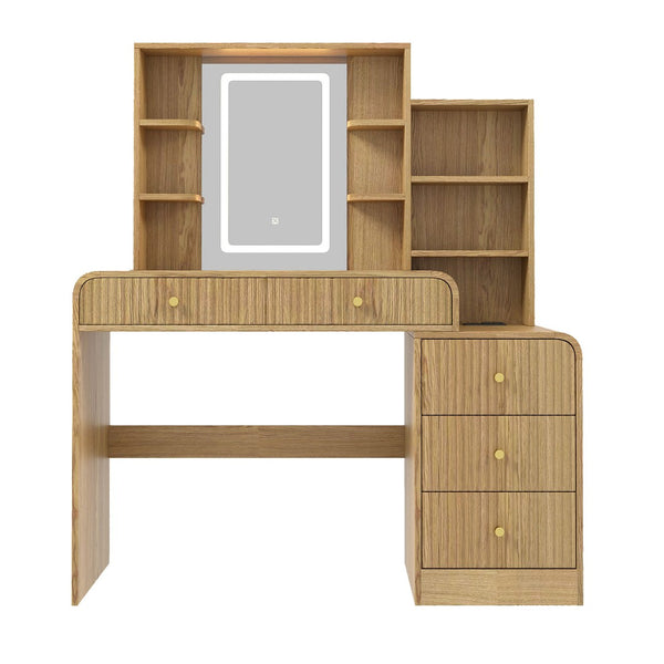 English Elm 47.4'' Fluted Makeup Vanity Desk with Led Mirror Charging Station and Five Drawers Natural N704P465888N