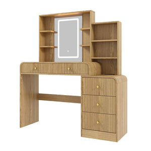 English Elm 47.4'' Fluted Makeup Vanity Desk with Led Mirror Charging Station and Five Drawers Natural N704P465888N