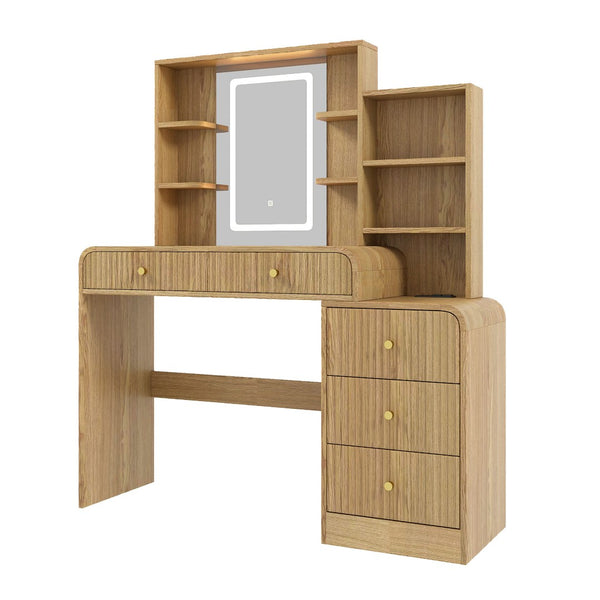 English Elm 47.4'' Fluted Makeup Vanity Desk with Led Mirror Charging Station and Five Drawers Natural N704P465888N