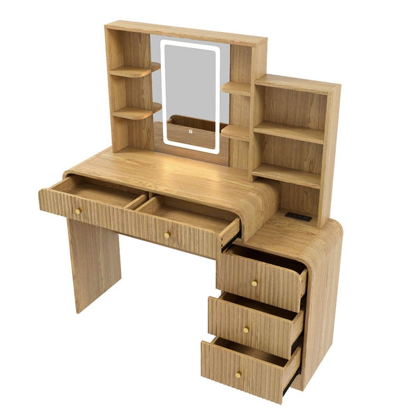 English Elm 47.4'' Fluted Makeup Vanity Desk with Led Mirror Charging Station and Five Drawers Natural N704P465888N
