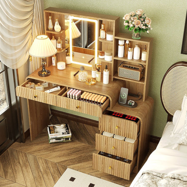 English Elm 47.4'' Fluted Makeup Vanity Desk with Led Mirror Charging Station and Five Drawers Natural N704P465888N