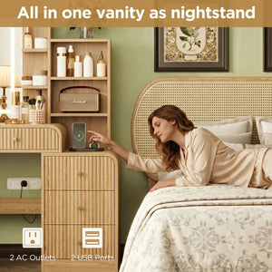 English Elm 47.4'' Fluted Makeup Vanity Desk with Led Mirror Charging Station and Five Drawers Natural N704P465888N