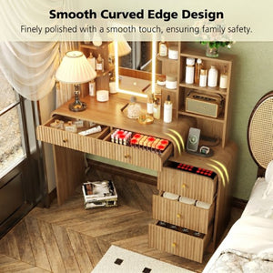 English Elm 47.4'' Fluted Makeup Vanity Desk with Led Mirror Charging Station and Five Drawers Natural N704P465888N