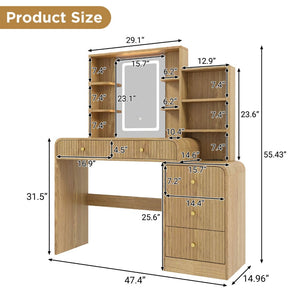English Elm 47.4'' Fluted Makeup Vanity Desk with Led Mirror Charging Station and Five Drawers Natural N704P465888N
