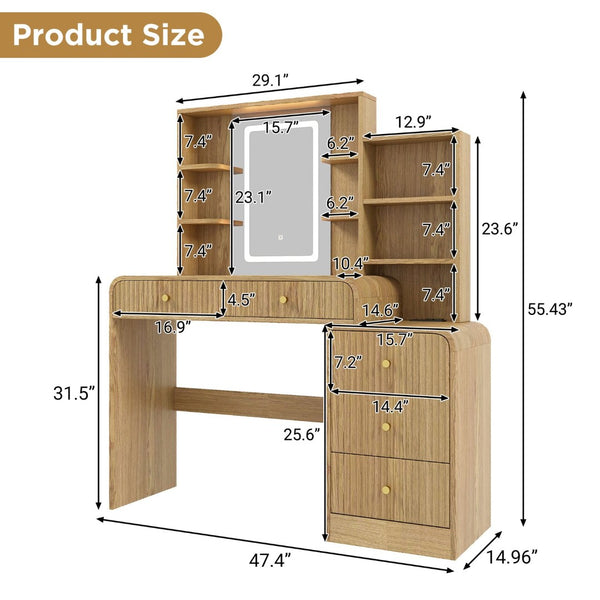 English Elm 47.4'' Fluted Makeup Vanity Desk with Led Mirror Charging Station and Five Drawers Natural N704P465888N