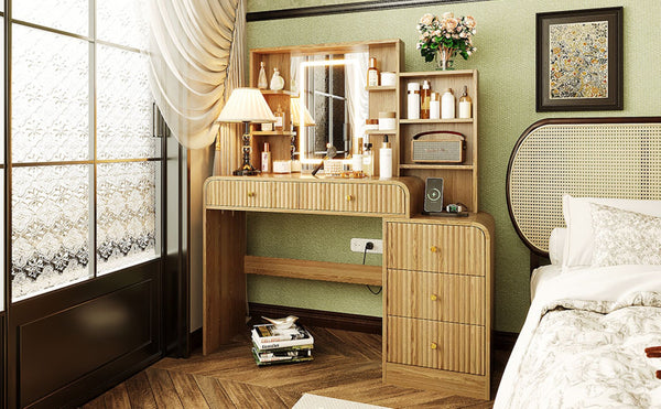 English Elm 47.4'' Fluted Makeup Vanity Desk with Led Mirror Charging Station and Five Drawers Natural N704P465888N