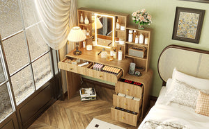 English Elm 47.4'' Fluted Makeup Vanity Desk with Led Mirror Charging Station and Five Drawers Natural N704P465888N
