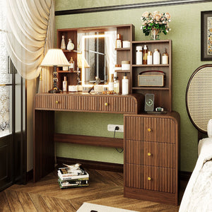English Elm 47.4'' Fluted Makeup Vanity Desk with Led Mirror Charging Station and Five Drawers Espresso N704P465888P
