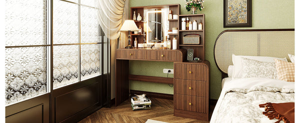 English Elm 47.4'' Fluted Makeup Vanity Desk with Led Mirror Charging Station and Five Drawers Espresso N704P465888P