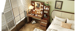 English Elm 47.4'' Fluted Makeup Vanity Desk with Led Mirror Charging Station and Five Drawers Espresso N704P465888P