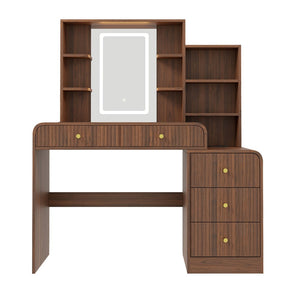 English Elm 47.4'' Fluted Makeup Vanity Desk with Led Mirror Charging Station and Five Drawers Espresso N704P465888P