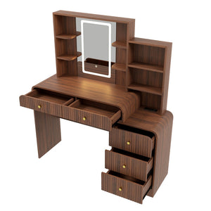 English Elm 47.4'' Fluted Makeup Vanity Desk with Led Mirror Charging Station and Five Drawers Espresso N704P465888P