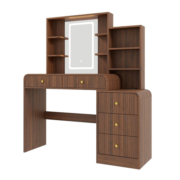 English Elm 47.4'' Fluted Makeup Vanity Desk with Led Mirror Charging Station and Five Drawers Espresso N704P465888P