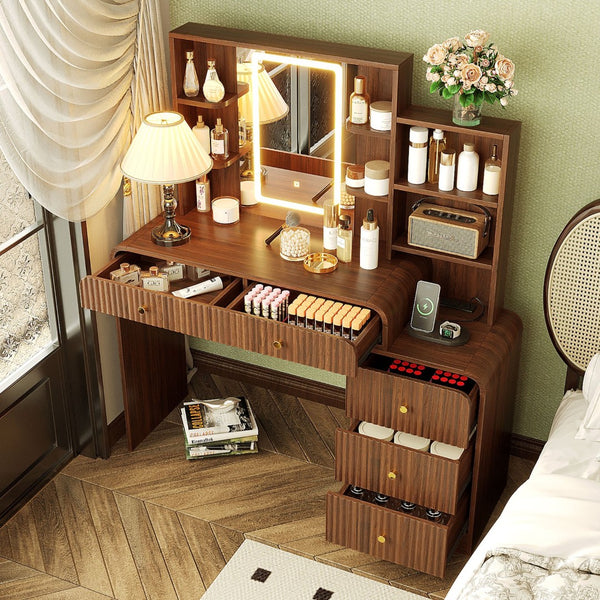 English Elm 47.4'' Fluted Makeup Vanity Desk with Led Mirror Charging Station and Five Drawers Espresso N704P465888P