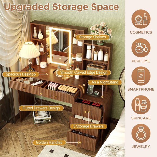 English Elm 47.4'' Fluted Makeup Vanity Desk with Led Mirror Charging Station and Five Drawers Espresso N704P465888P