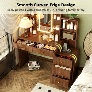 English Elm 47.4'' Fluted Makeup Vanity Desk with Led Mirror Charging Station and Five Drawers Espresso N704P465888P