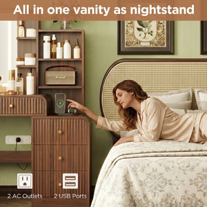 English Elm 47.4'' Fluted Makeup Vanity Desk with Led Mirror Charging Station and Five Drawers Espresso N704P465888P