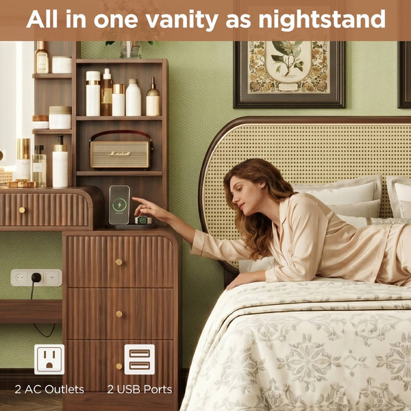 English Elm 47.4'' Fluted Makeup Vanity Desk with Led Mirror Charging Station and Five Drawers Espresso N704P465888P