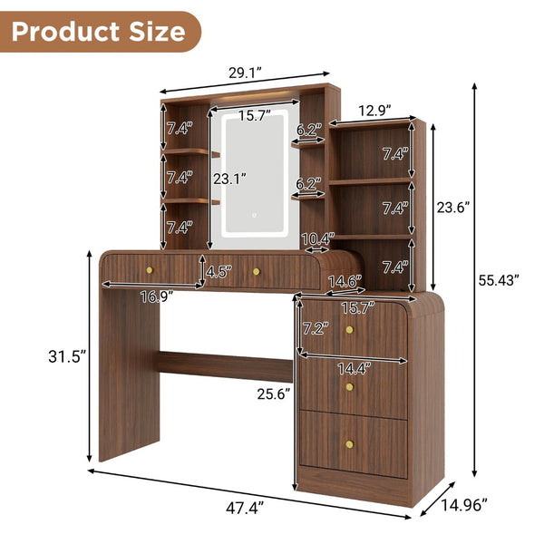 English Elm 47.4'' Fluted Makeup Vanity Desk with Led Mirror Charging Station and Five Drawers Espresso N704P465888P
