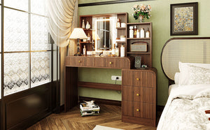 English Elm 47.4'' Fluted Makeup Vanity Desk with Led Mirror Charging Station and Five Drawers Espresso N704P465888P