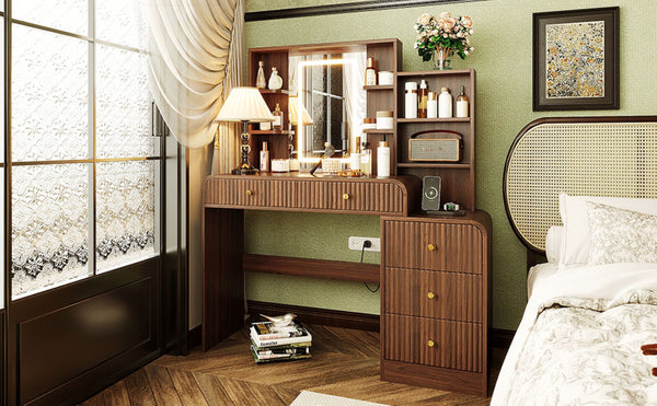 English Elm 47.4'' Fluted Makeup Vanity Desk with Led Mirror Charging Station and Five Drawers Espresso N704P465888P