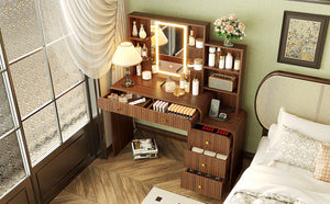English Elm 47.4'' Fluted Makeup Vanity Desk with Led Mirror Charging Station and Five Drawers Espresso N704P465888P