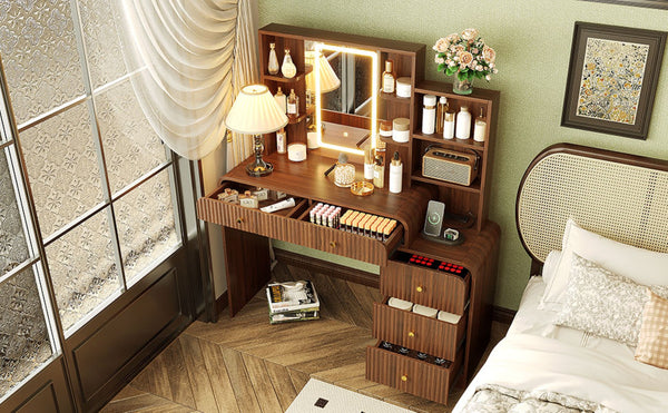 English Elm 47.4'' Fluted Makeup Vanity Desk with Led Mirror Charging Station and Five Drawers Espresso N704P465888P
