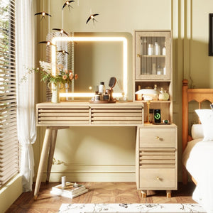 English Elm 45.9 Inch Mid-Century Bedroom Vanity with LED Mirror Fluted Glass Cabinet and Charging Station Natural N704P472221N