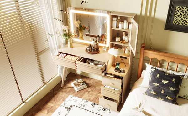 English Elm 45.9 Inch Mid-Century Bedroom Vanity with LED Mirror Fluted Glass Cabinet and Charging Station Natural N704P472221N