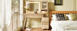 English Elm 45.9 Inch Mid-Century Bedroom Vanity with LED Mirror Fluted Glass Cabinet and Charging Station Natural N704P472221N