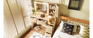 English Elm 45.9 Inch Mid-Century Bedroom Vanity with LED Mirror Fluted Glass Cabinet and Charging Station Natural N704P472221N