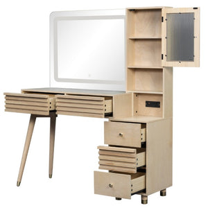 English Elm 45.9 Inch Mid-Century Bedroom Vanity with LED Mirror Fluted Glass Cabinet and Charging Station Natural N704P472221N