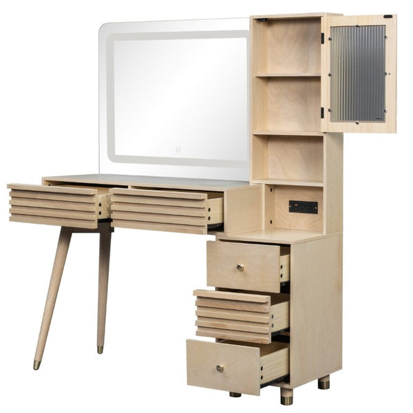 English Elm 45.9 Inch Mid-Century Bedroom Vanity with LED Mirror Fluted Glass Cabinet and Charging Station Natural N704P472221N