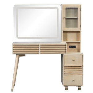 English Elm 45.9 Inch Mid-Century Bedroom Vanity with LED Mirror Fluted Glass Cabinet and Charging Station Natural N704P472221N