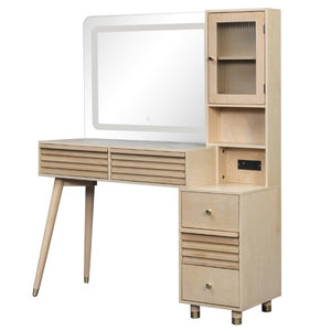 English Elm 45.9 Inch Mid-Century Bedroom Vanity with LED Mirror Fluted Glass Cabinet and Charging Station Natural N704P472221N