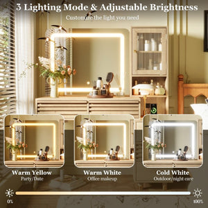 English Elm 45.9 Inch Mid-Century Bedroom Vanity with LED Mirror Fluted Glass Cabinet and Charging Station Natural N704P472221N