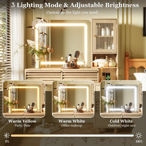 English Elm 45.9 Inch Mid-Century Bedroom Vanity with LED Mirror Fluted Glass Cabinet and Charging Station Natural N704P472221N