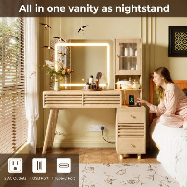 English Elm 45.9 Inch Mid-Century Bedroom Vanity with LED Mirror Fluted Glass Cabinet and Charging Station Natural N704P472221N