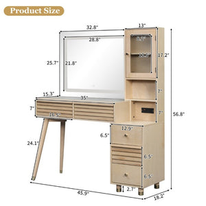 English Elm 45.9 Inch Mid-Century Bedroom Vanity with LED Mirror Fluted Glass Cabinet and Charging Station Natural N704P472221N