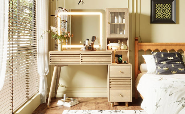 English Elm 45.9 Inch Mid-Century Bedroom Vanity with LED Mirror Fluted Glass Cabinet and Charging Station Natural N704P472221N