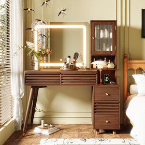 English Elm 45.9 Inch Mid-Century Bedroom Vanity with LED Mirror Fluted Glass Cabinet and Charging Station Espresso N704P472221P