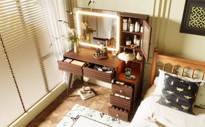 English Elm 45.9 Inch Mid-Century Bedroom Vanity with LED Mirror Fluted Glass Cabinet and Charging Station Espresso N704P472221P