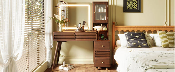 English Elm 45.9 Inch Mid-Century Bedroom Vanity with LED Mirror Fluted Glass Cabinet and Charging Station Espresso N704P472221P