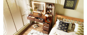 English Elm 45.9 Inch Mid-Century Bedroom Vanity with LED Mirror Fluted Glass Cabinet and Charging Station Espresso N704P472221P
