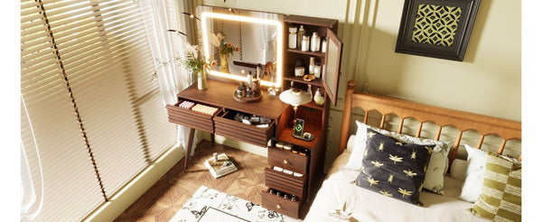English Elm 45.9 Inch Mid-Century Bedroom Vanity with LED Mirror Fluted Glass Cabinet and Charging Station Espresso N704P472221P