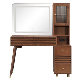 English Elm 45.9 Inch Mid-Century Bedroom Vanity with LED Mirror Fluted Glass Cabinet and Charging Station Espresso N704P472221P