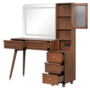 English Elm 45.9 Inch Mid-Century Bedroom Vanity with LED Mirror Fluted Glass Cabinet and Charging Station Espresso N704P472221P
