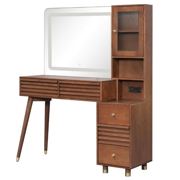 English Elm 45.9 Inch Mid-Century Bedroom Vanity with LED Mirror Fluted Glass Cabinet and Charging Station Espresso N704P472221P